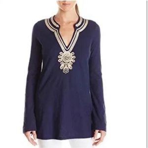 Lilly Pulitzer Emerson Cotton Tunic Blue Gold V Neck Nautical Size Small